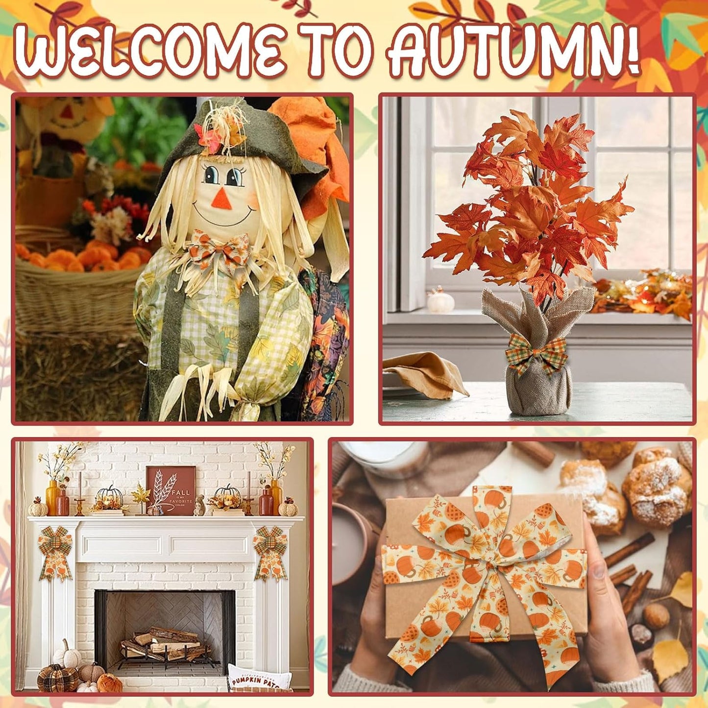 Threetols 2 Rolls 10 Yards Fall Wired Edge Ribbons, 2.5inch Orange Plaid Burlap Ribbon, Autumn Leaves Pumpkin Ribbon for Harvest Thanksgiving Party DIY Craft Fall Wreath Bow Decor