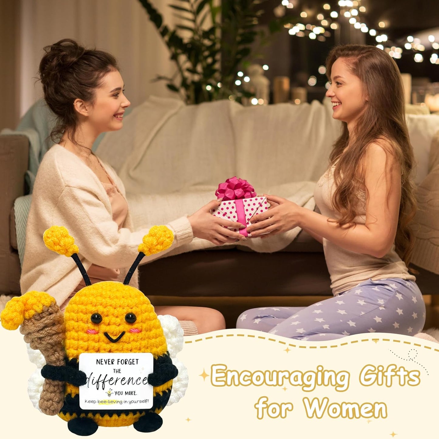 Funny Birthday Gifts for Women Men - Crochet Bee Animals with Positive Card, Appreciation Gifts for Coworker Boss Friend Sister, Inspirational Relaxation Gift Emotional Cheer Support Crochet Bee