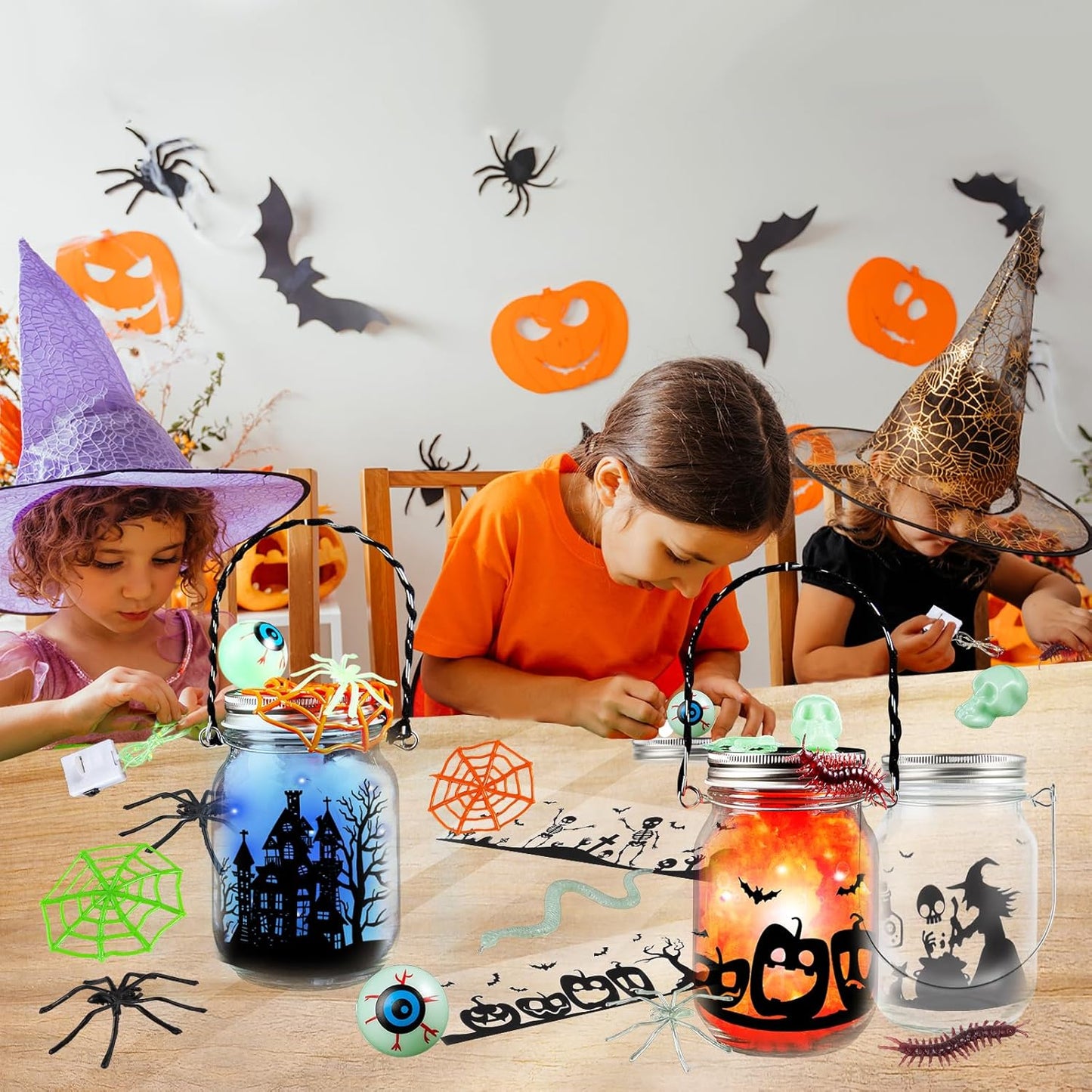 SpringFlower 8 Pack Halloween DIY Arts and Crafts Kits for Kids Ages 6-8, 8-12, Halloween Mason Jar with Accessories for DIY Lantern Jar, Art & Craft Party Supplies for Classroom Kids