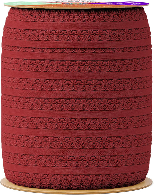 Mandala Crafts Burgundy Stretch Lace Soft Elastic Trim Roll - 55 Yards 1 Inch Wide Stretchy Frilly Picot Ribbon for Sewing Lingerie, Headbands, Underwear, and Crafts