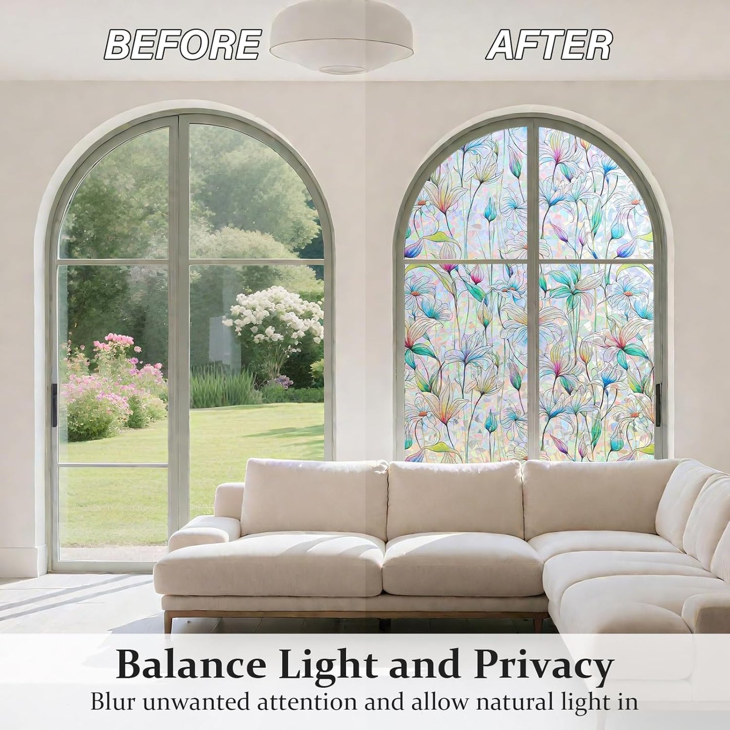 Donox Decorative Window Privacy Film, 3D Floral Stained Glass Window Film Static Cling Rainbow Privacy Sticker for Glass Door Heat Control Anti UV, No Adhesive (Magnolia,23.6 x 78.7 inches)