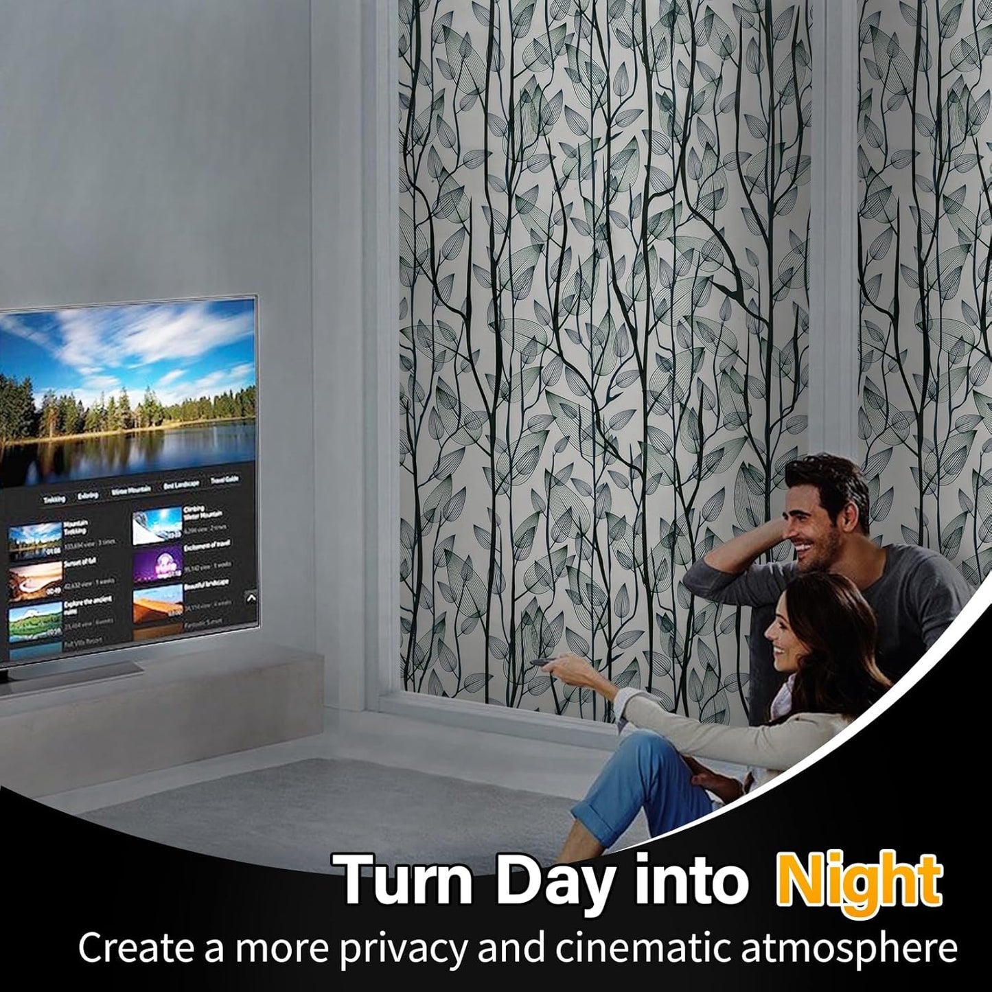 Leaf Pattern Window Tint with Installation Tools, Blackout Window Cover, Sun Blocking Window Tint for Home (Full Blackout Opaque, 17.7'' x 118.1'')