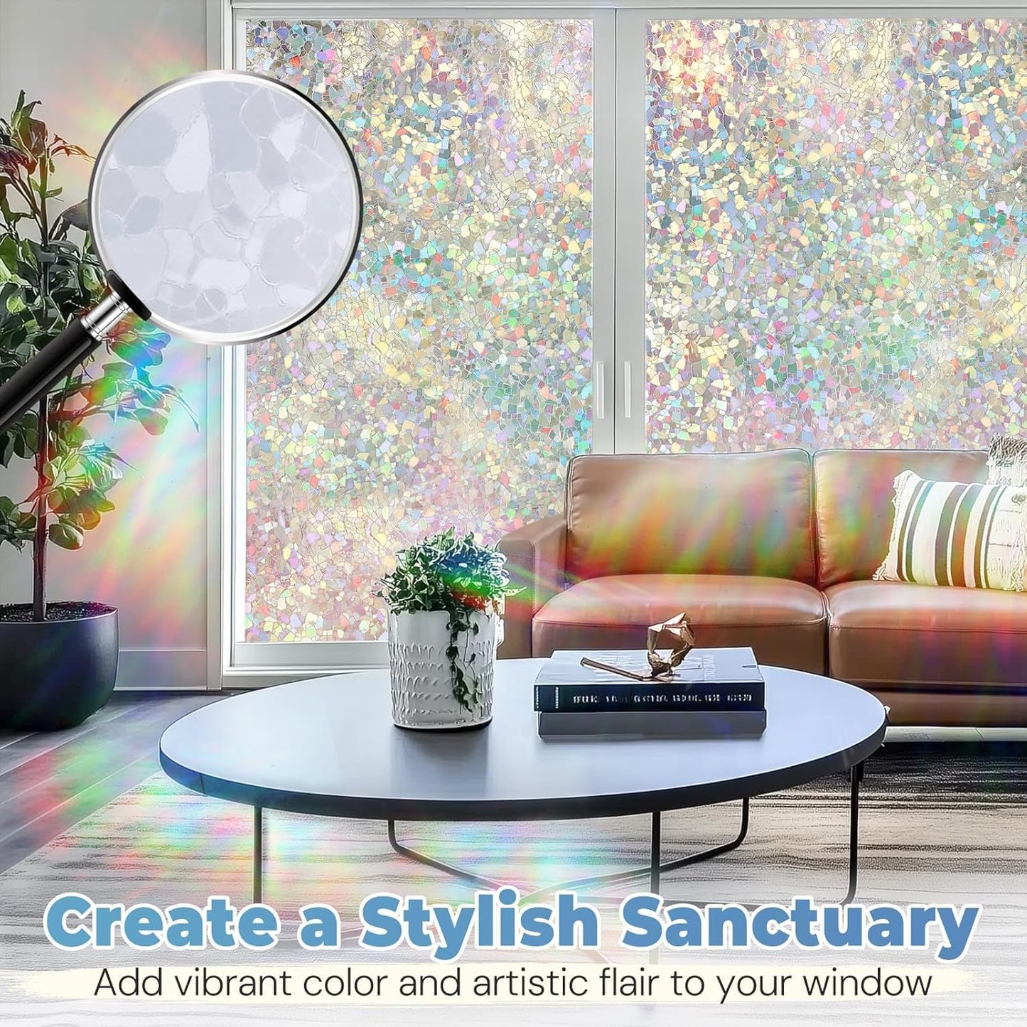 DOWELL Window Privacy Film Rainbow Film, Stained Glass Decorative Sticker, Static Cling Non-Adhesive Glass Clings, Sun Blocking Heat Control Window Coverings for Home Door, 23.6" x 157.4"