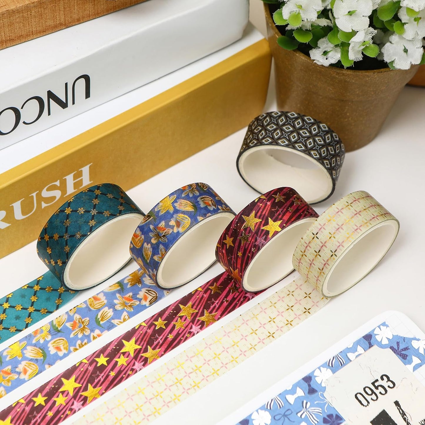 12 Rolls Charming Washi Tape Set Gold Silver Foil Detailing Arts Adhesive Tapes Basic Patterns Decorative Masking Tape Sets for Craft, Kids, Scrapbook, DIY, Gift Wrapping (Mystical Forest)