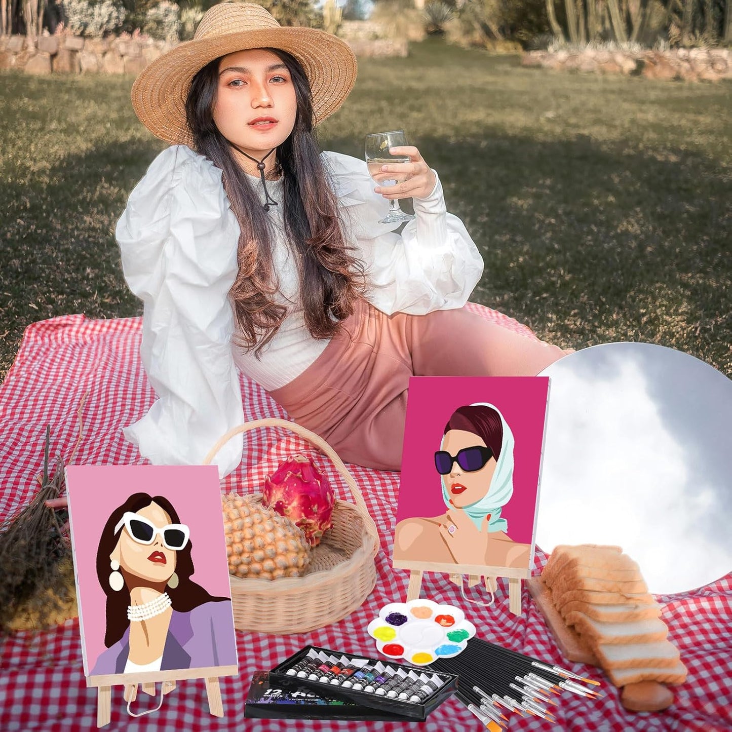 Cholemy 36 Pcs Paint and Sip Kit for Adults 8''x10'' Pre Drawn Canvas for Painting DIY Afro Acrylic Painting Kit Wood Easel Brushes Date Night Bulk for Christmas Party Gifts(Modern Woman)