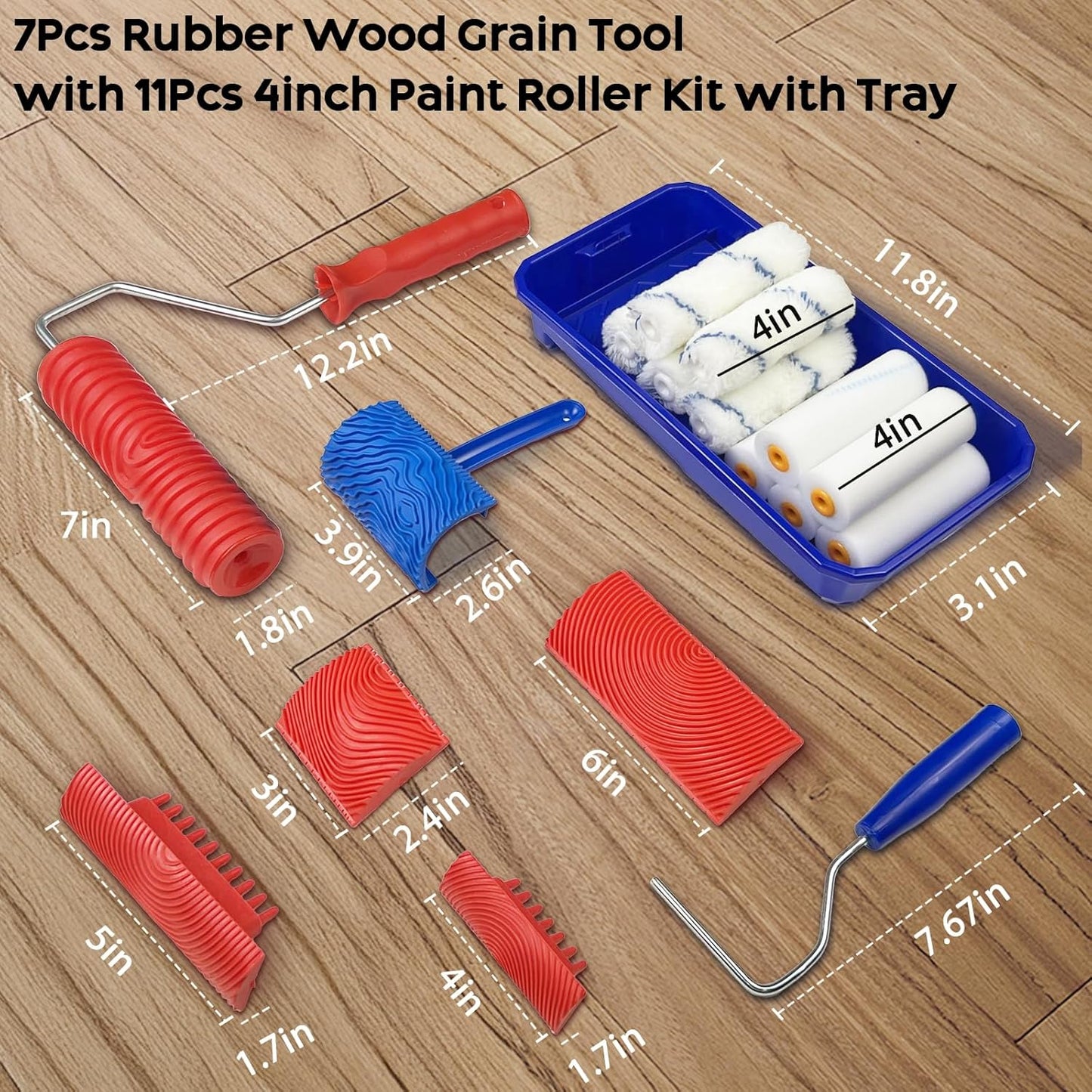 18PCS Wood Grain Tool, Wood Graining Tool Set with Extra 12pcs 4inch Paint Roller Kit with Tray，Rubber Wood Grain Roller Tool for Painting Look Like Wood,Natural Wood Grain Maker,DIY Room Art