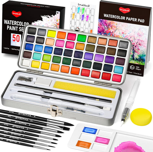 Watercolor Paint Set 50 Colors Including Metallic, Watercolor Kit with Case, Watercolor Paper, Paint Brushes, Palette and Accessories, Water Color Art Supplies Gift for Adults Kids Artists