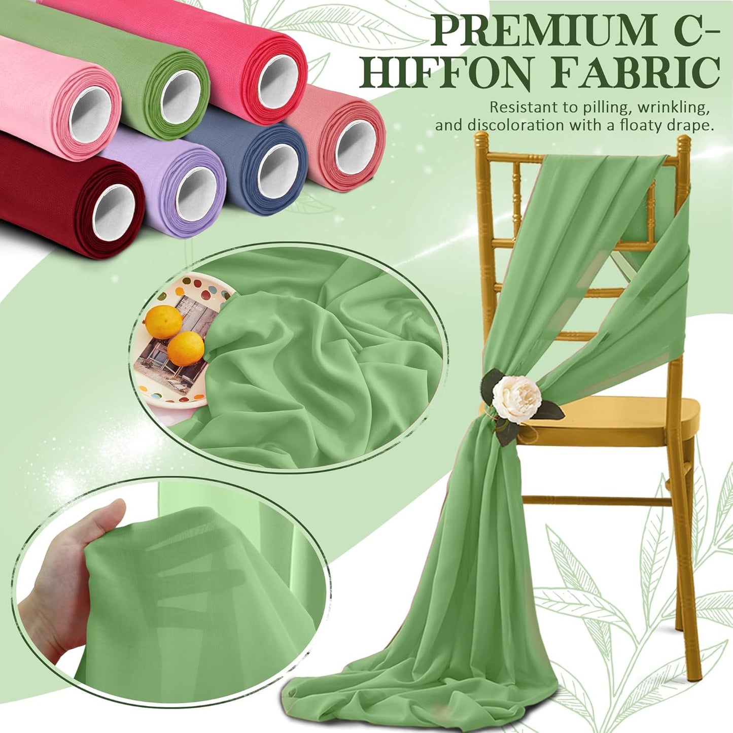 Horbaunal Dusty Sage Chiffon Fabric by The Yard, 10 Yard Continuous Sheer Fabric 59" Wide Soft Draping Fabric for Wedding Arch Draping Party Backdrop DIY Sewing