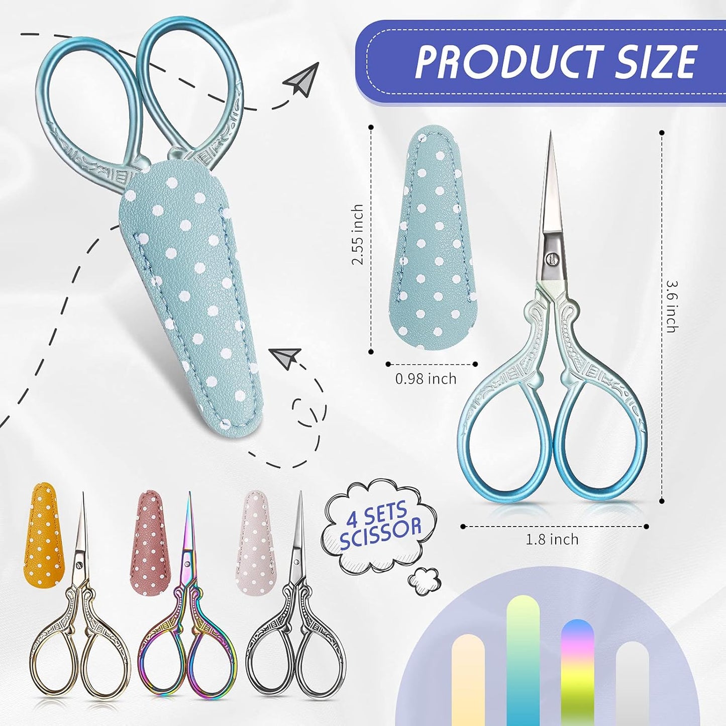 Honoson 4 Pcs Sewing Embroidery Scissors with 4 Pcs Artificial Leather Cover 3.6 Inch Stainless Steel Stork Scissors Vintage Embroidery for Needlework Manual Sewing Handicraft(Retro Colors)