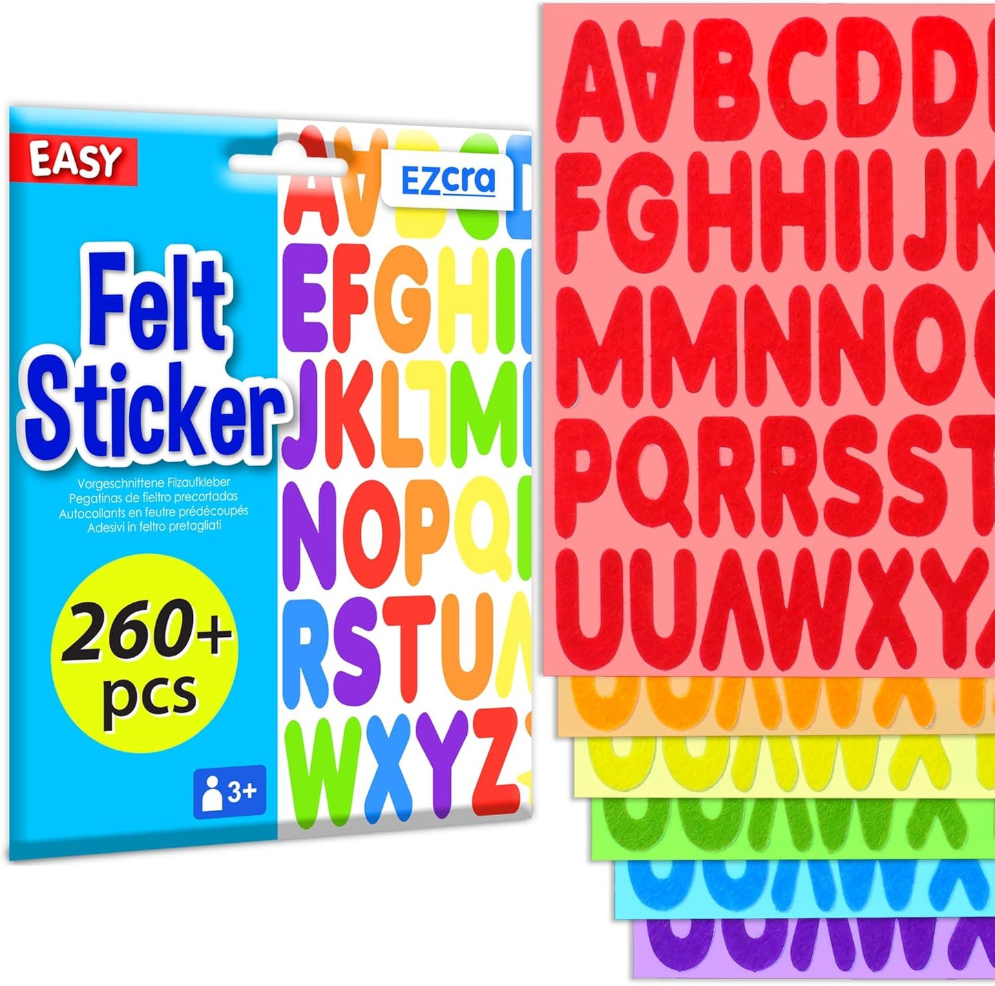EZCRA Felt Alphabet Stickers, Large Self-Adhesive A-Z Puffy Letters for Kids Ages 3-5 – Classroom, Preschool, Homeschool DIY, Scrapbooking, 260+ Pieces