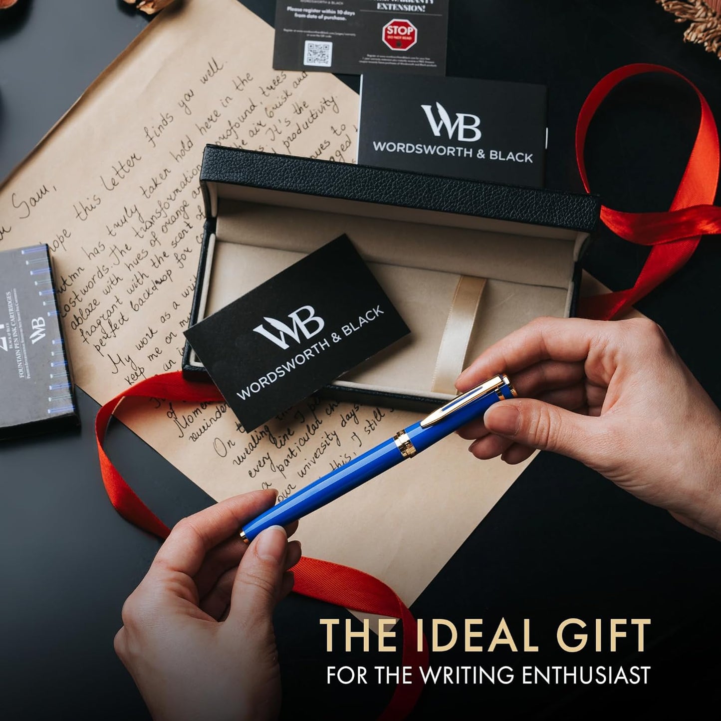 Wordsworth & Black Fountain Pen Set, 18K Gilded Broad Nib, Includes 24 Pack Ink Cartridges, Ink Refill Converter & Gift Box, Gold Finish, Calligraphy, [Imperial Blue], Perfect for Men & Women