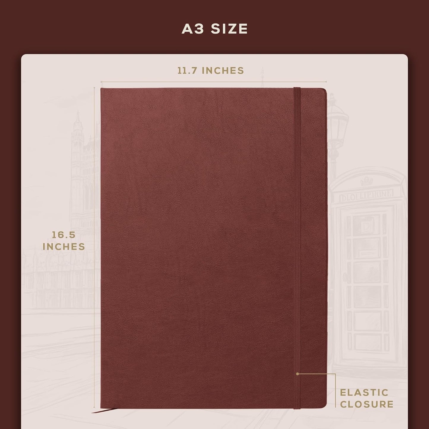 Beechmore Books A3 Sketchbook – 11.7x16.5 Premium Vegan Leather Bound Large Sketch Book Hardcover with 160 Thick 160gsm Perforated Ivory Pages, Blank Sketch Pad Gift Boxed Back Pocket Ribbon Bookmark