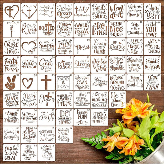 65Pcs Small Stencils for Painting on Wood Reusable, 3 Inch Reusable Stencil for Craft Ornament Paint Template Stencils for Wall Card Rock Wood Signs Coasters Canvas Home Decor (Bible Words)
