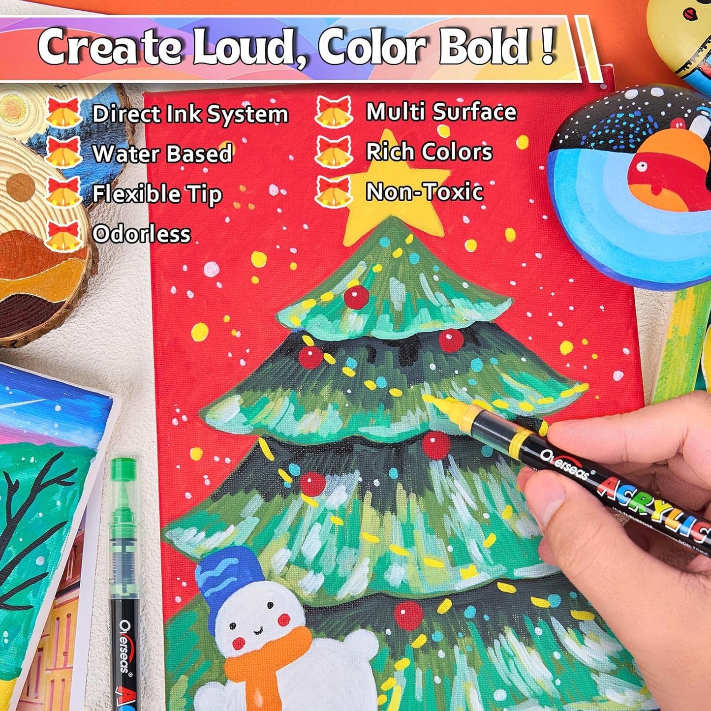 Overseas Acrylic Paint Markers 60 Colors, Brush Tip Paint Pens with Automatic Ink Control System, Quick Drying Liquid Ink Acrylic Marker for Rock, Wood, Canvas, Glass, Fabric, Metal, Plastic, Rubber