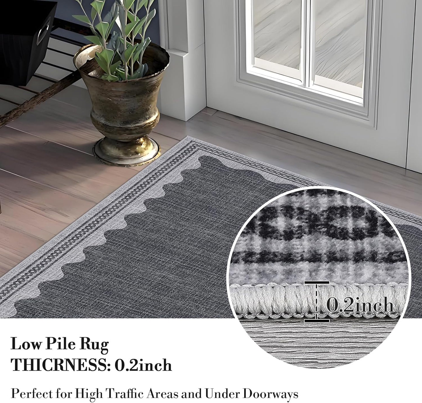 Scalloped Washable Rug 5x7 Area Rugs for Living Room, Solid Grey Rug for Bedroom Girls, Non Slip Scalloped Throw Mat with Rubber Back, Soft Dorm Nursery Low Pile Carpet for Dining Room