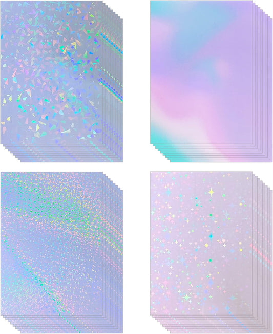 36 Sheets Holographic Sticker Paper 8.5" x11'' Waterproof Clear Vinyl Sticker Sheets Self-Adhesive Rainbow Overlay Sheets with 4 Styles Mixed