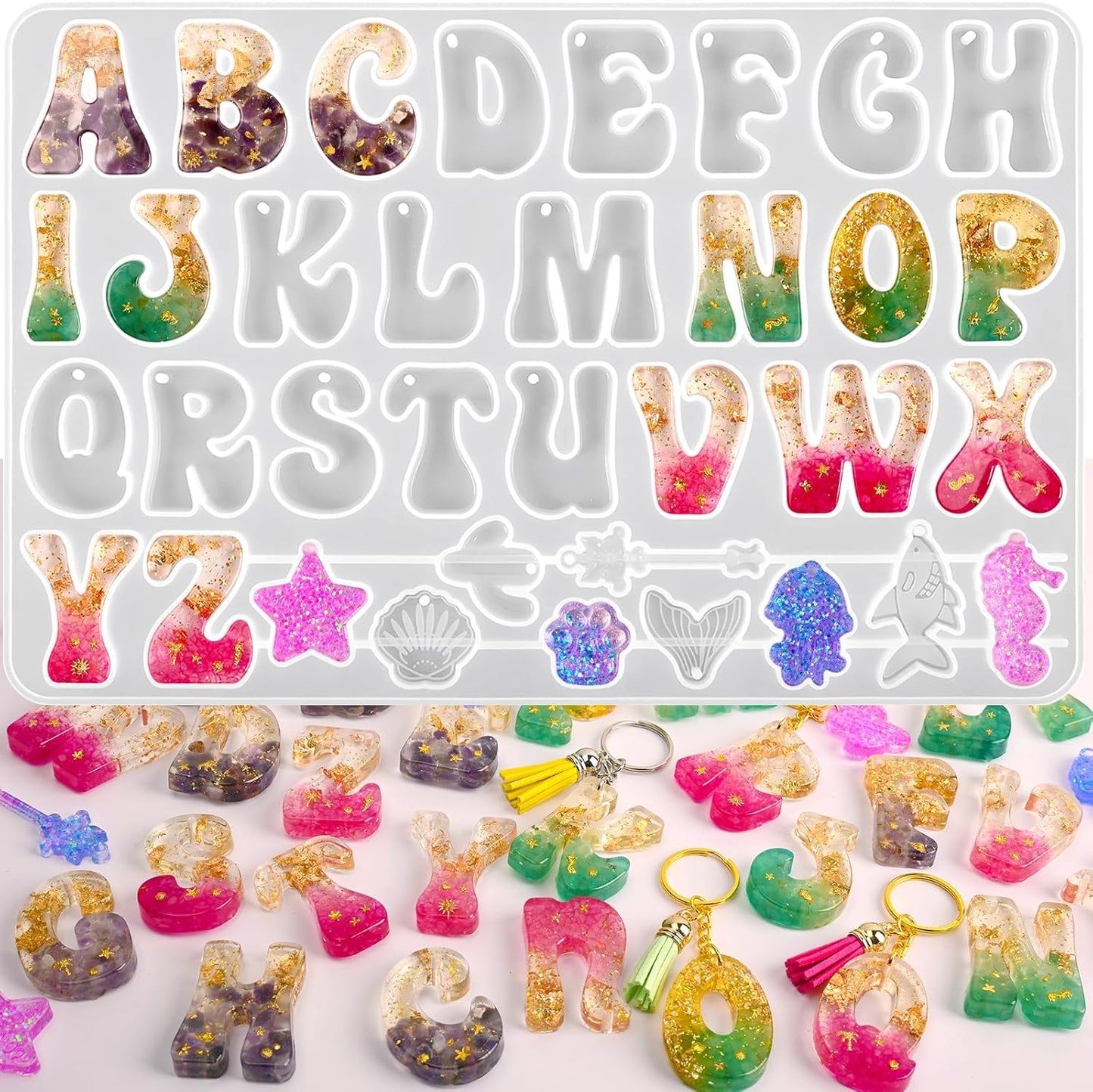 Actvty Alphabet Resin Mold, Reversed Alphabet Silicone Molds with Holes for Epoxy, Letter Molds for Resin DIY Keychain Jewelry Pendant