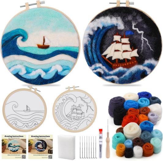 QMNNMA Needle Felting Kits, Wool Felting Kit with Picture Frame, Foam Pad, Felt Cloth, and Instructions, Needle Felt Painting Kit for Home Decoration (Sea Waves and Sailboats)