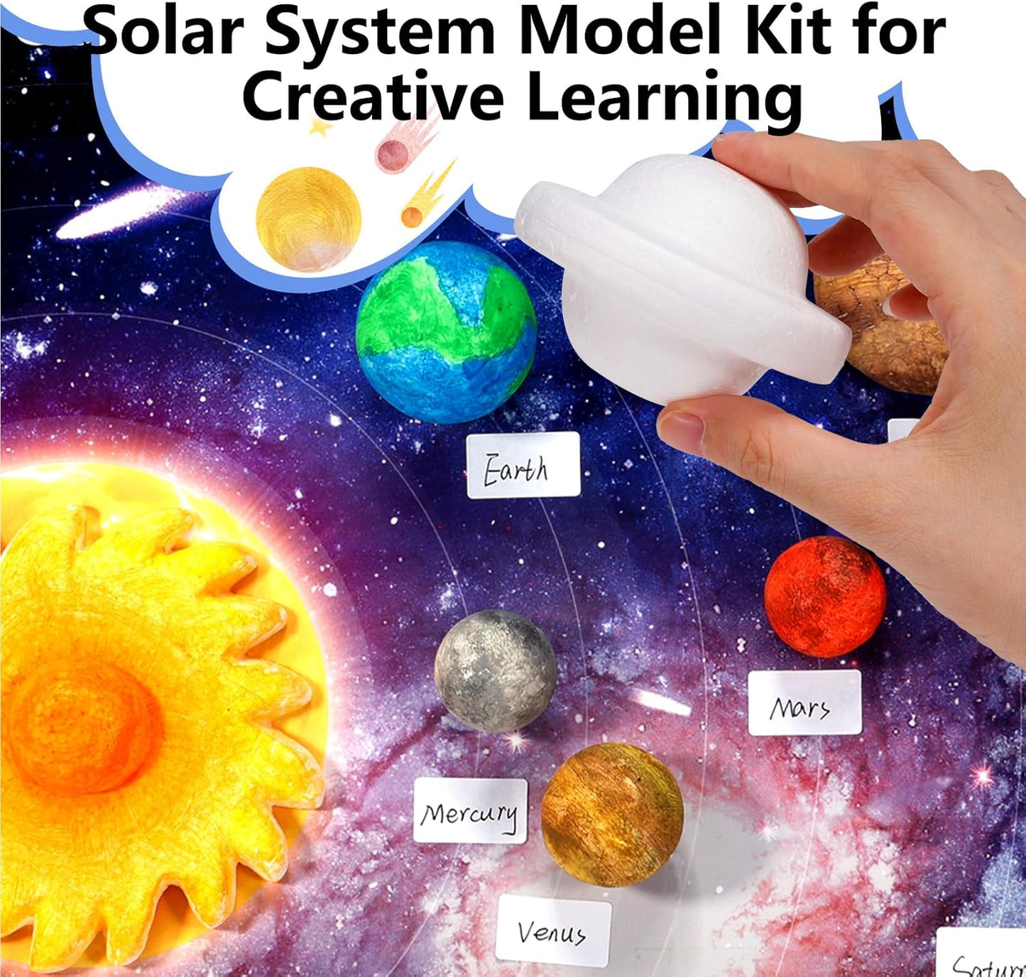 Pllieay Solar System Model Kit, 3D Solar System Kit with Display Board, 17 Foam Balls, 12 Color Pigments, Brushes, Palette, DIY Planets Model Toy for Kids School Science Projects