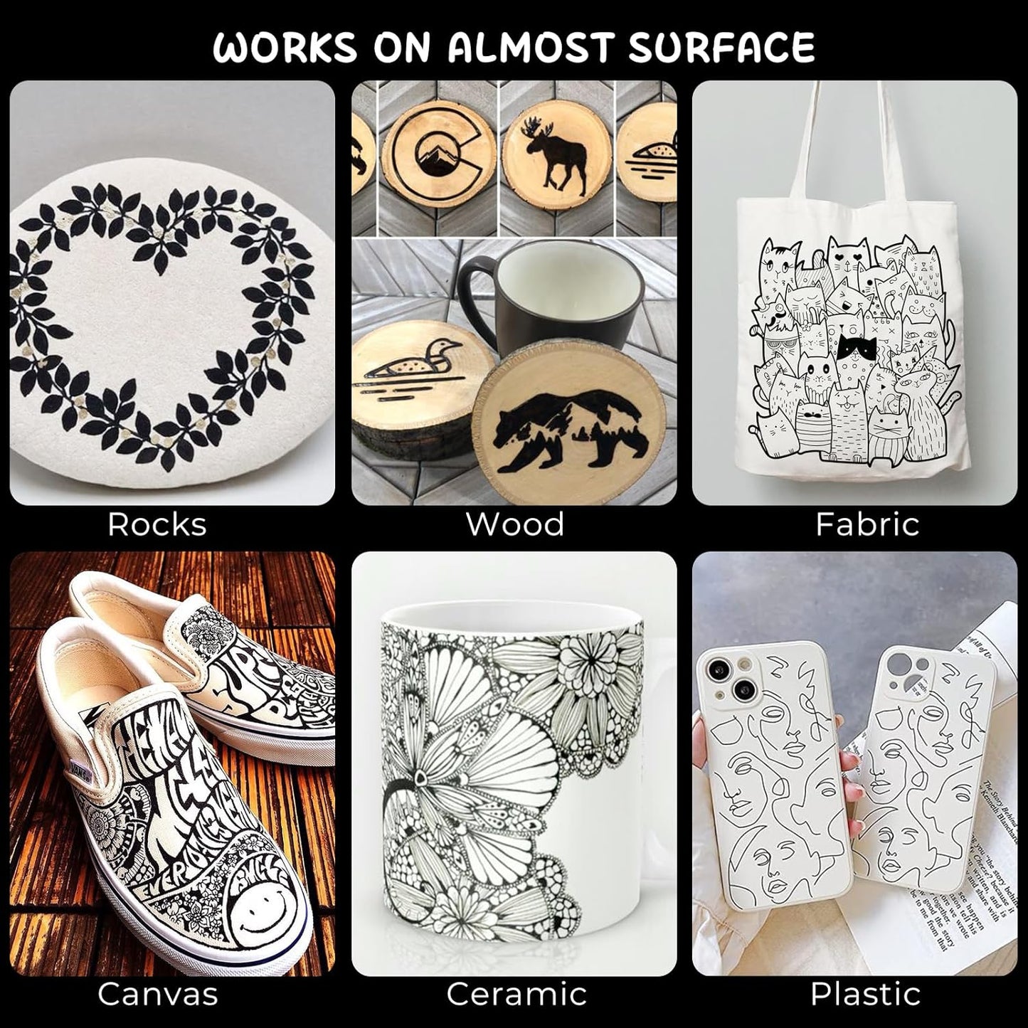 SFAIH Acrylic Black Paint Pens - 8 Pack 2-3MM Medium Tip & 0.7MM Extra Fine Black Permanent Markers for Rock Painting, Wood, Metal, Fabric, Plastic, Canvas, Glass, Ceramic, Diy Crafts