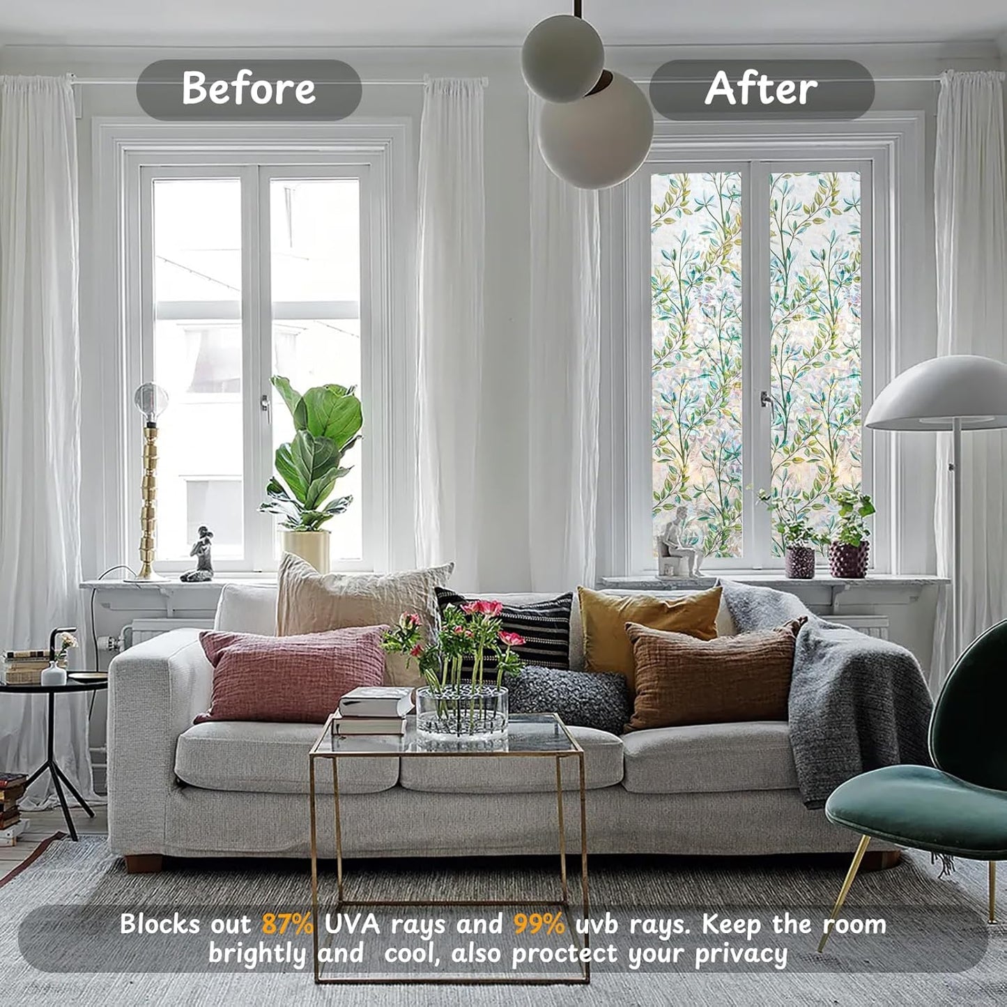 NINETREX Window Privacy Film Stained Glass Window Film 3D Decorative Cling,Sun Blocking Static Cling Removable Film for Glass Door,Home Decor Window Cover Non-Adhesive 11.8 x 78.7 inches,Leaf