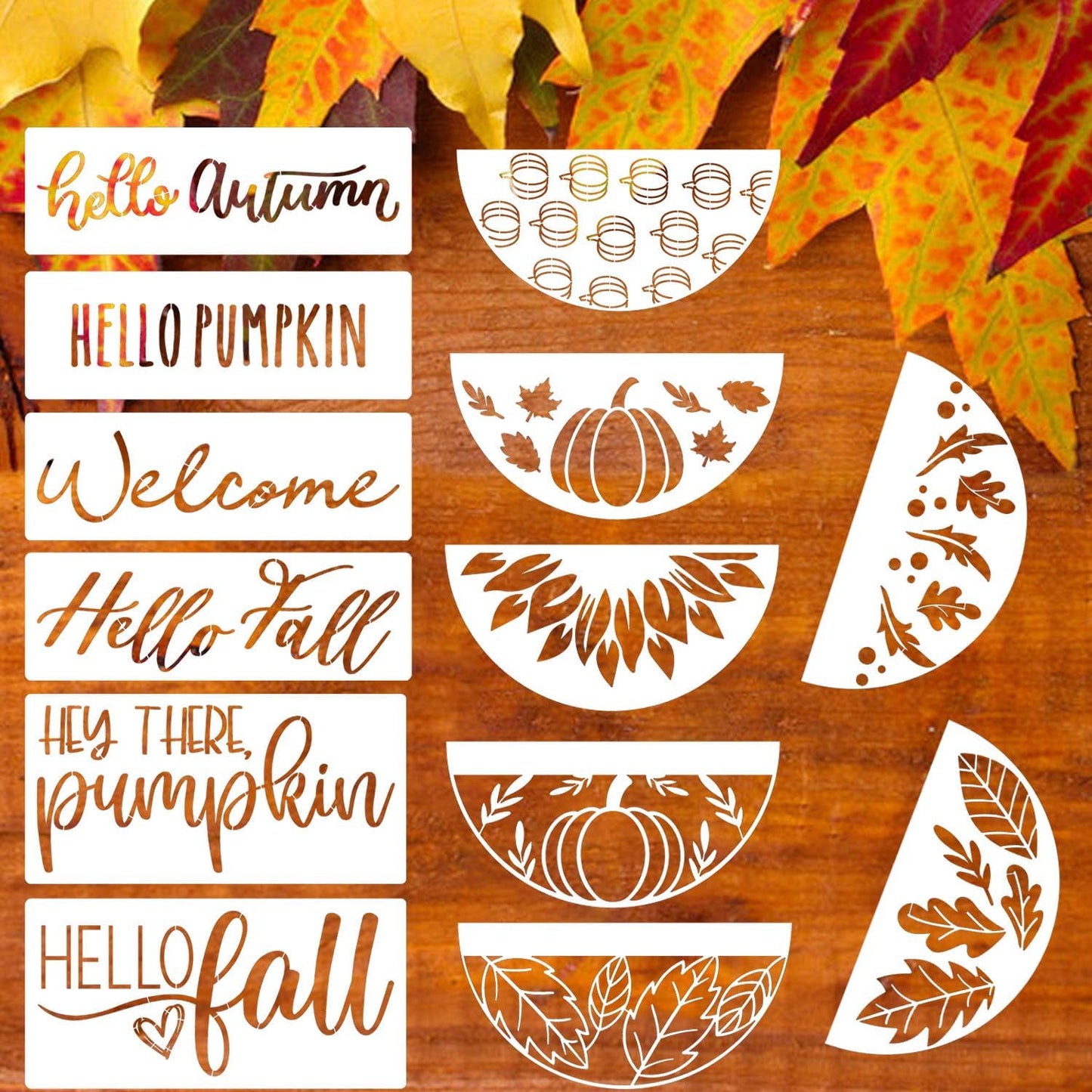 Fall Stencils for Painting on Wood Pumpkin Stencil Fall Leaves Maple Stencil Half Round Hello Autumn Drawing Templates for Door Porch Hanger Fall Wreath Home Decor