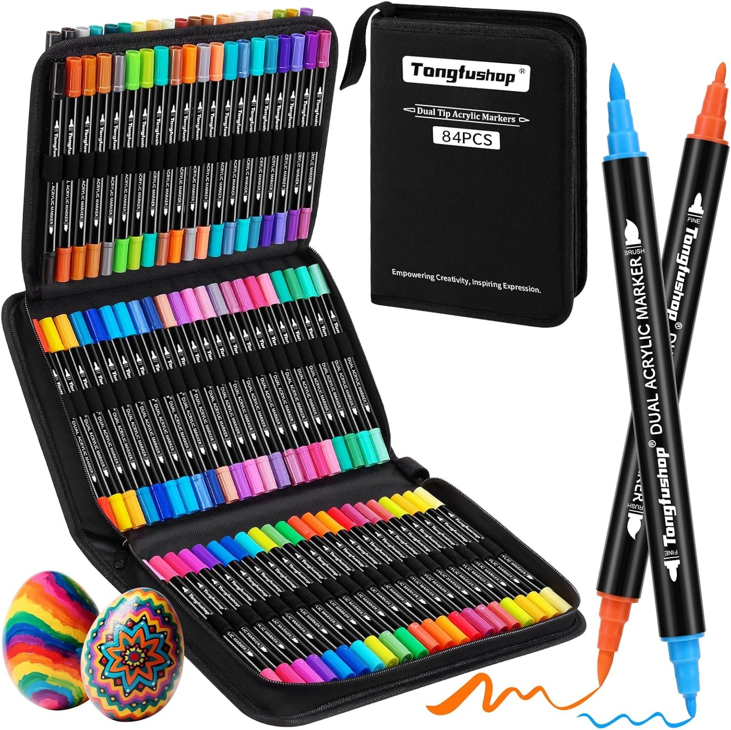 Tongfushop 84 Colors Acrylic Paint Markers, Dual Tip Acrylic Paint Pens with Brush Tip & Fine Tip, Fabric Markers for Rock Painting, Wood, Canvas, Stone, Glass, Ceramic, DIY Crafts, Art Supplies