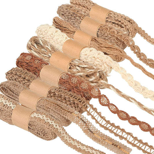 9 Rolls Natural Burlap Lace Ribbon Trim,18 Meters Jute Craft Ribbon for DIY Sewing,Rustic Wedding Decorations,Gift Wrapping&Party Supplies