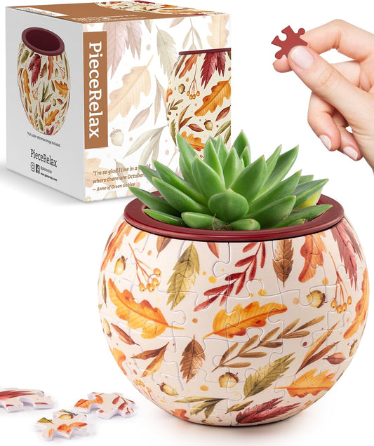 PieceRelax 3D Puzzle Planter 80 Pieces - Flower Pot - Dancing Leaves in Fall, Home Decor Flower Pots for Indoor Cactus, Succulents Pots [K1108]