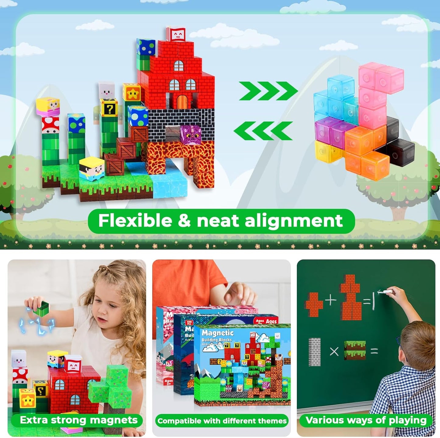 Magnetic Blocks-150 PCS Build Adventure Game Castle World Set - Magnetic Building Cubes Stacking, STEM Montessori Sensory Toys for Kids Boys Girls Ages 3 4 5 6 7 8 9 10 Eater Birthday Gifts