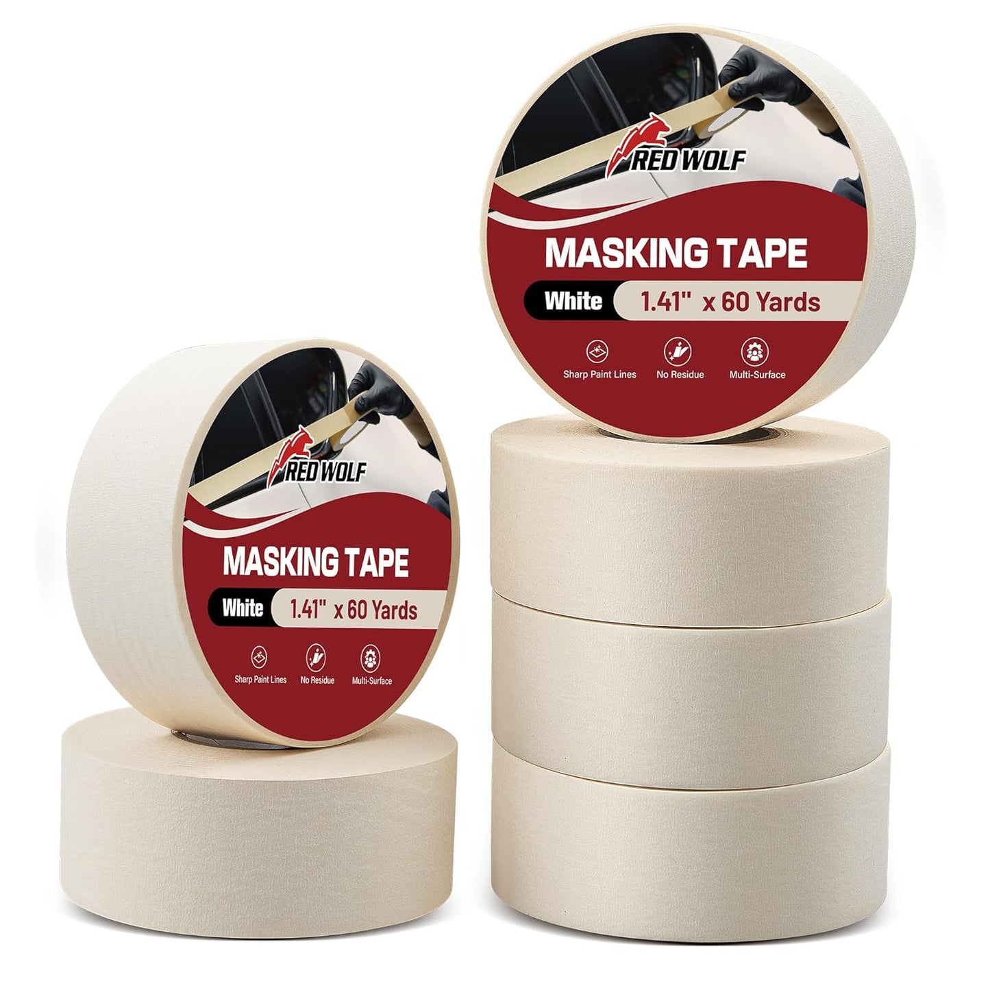RED WOLF 1.41" x 60 Yards Masking Tape 6 Pack, General Purpose for Painting Arts Crafts Label Car Painting, Sharp Paint Line No Residue Painters Tape White Beige Crepe Paper Tape Heat Resistance