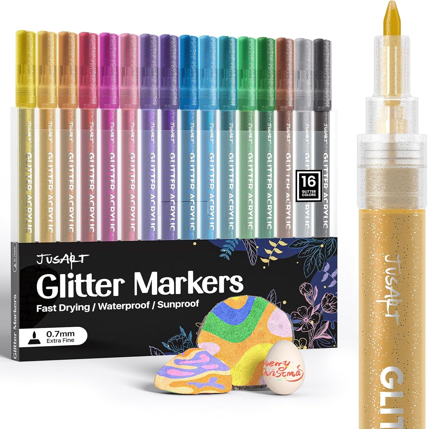 16 Colors Acrylic Glitter Markers Pen, Glitter Paint Pens, 0.7mm Fine Point Tip Metallic Shimmer Marker, Kids Adults DIY Crafts Making, Greeting Birthday Cards Present, Drawing, Scrapbooking Supplies