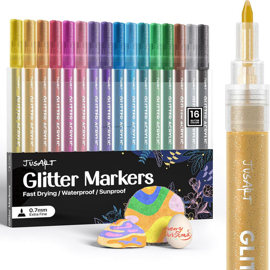 16 Colors Acrylic Glitter Markers Pen, Glitter Paint Pens, 0.7mm Fine Point Tip Metallic Shimmer Marker, Kids Adults DIY Crafts Making, Greeting Birthday Cards Present, Drawing, Scrapbooking Supplies