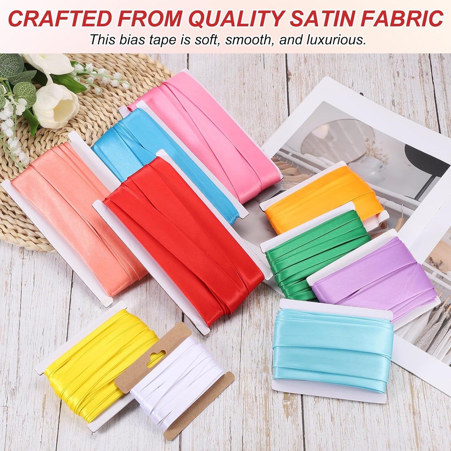 MECCANIXITY Double Fold Bias Tape for Sewing 1/3 Inch x 6 Yards Satin Pre-fold Continuous Binding Tape for Seaming Quilting Hemming Binding DIY Crafts, Light Red