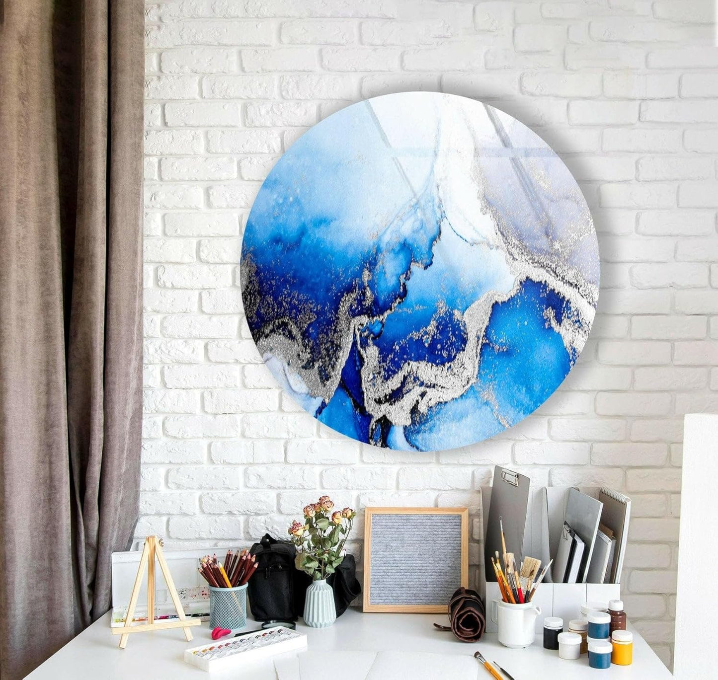 My Photostation.com 10''(25cm) Diameter Blue Marble Round with Silver Details Glass Wall Art Tempered Glass Printing Wall Decor Large Wall Art Wall Hangings