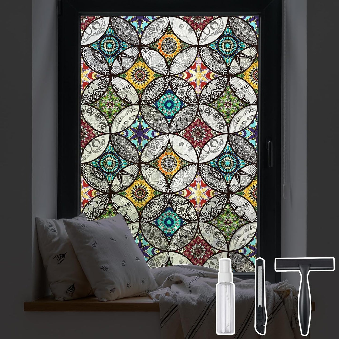 DKTIE Boho Chic Window Privacy Film with Installation Tools - Soften Light, Reduce UV Rays, Decorative Stained Glass Window Tinting Film for Home, 35.4 x 78.7Inch