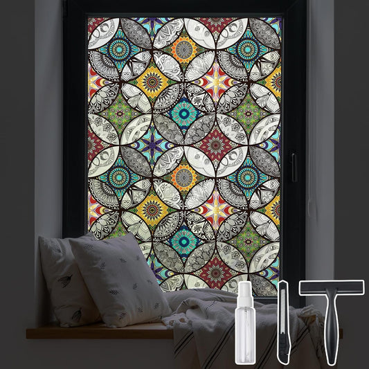 DKTIE Boho Chic Window Privacy Film with Installation Tools - Soften Light, Reduce UV Rays, Decorative Stained Glass Window Tinting Film for Home, 17.7 x 78.7 Inch