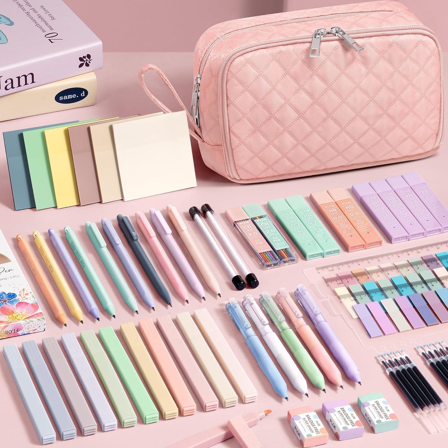 62PCS Aesthetic School Supplies with Cute Pencil Case, Pastel Highlighters Black Ink Gel Pens Mechanical Pencils Kit, Back to School Supplies College Essentials Preppy Stationary Set for Student Girls