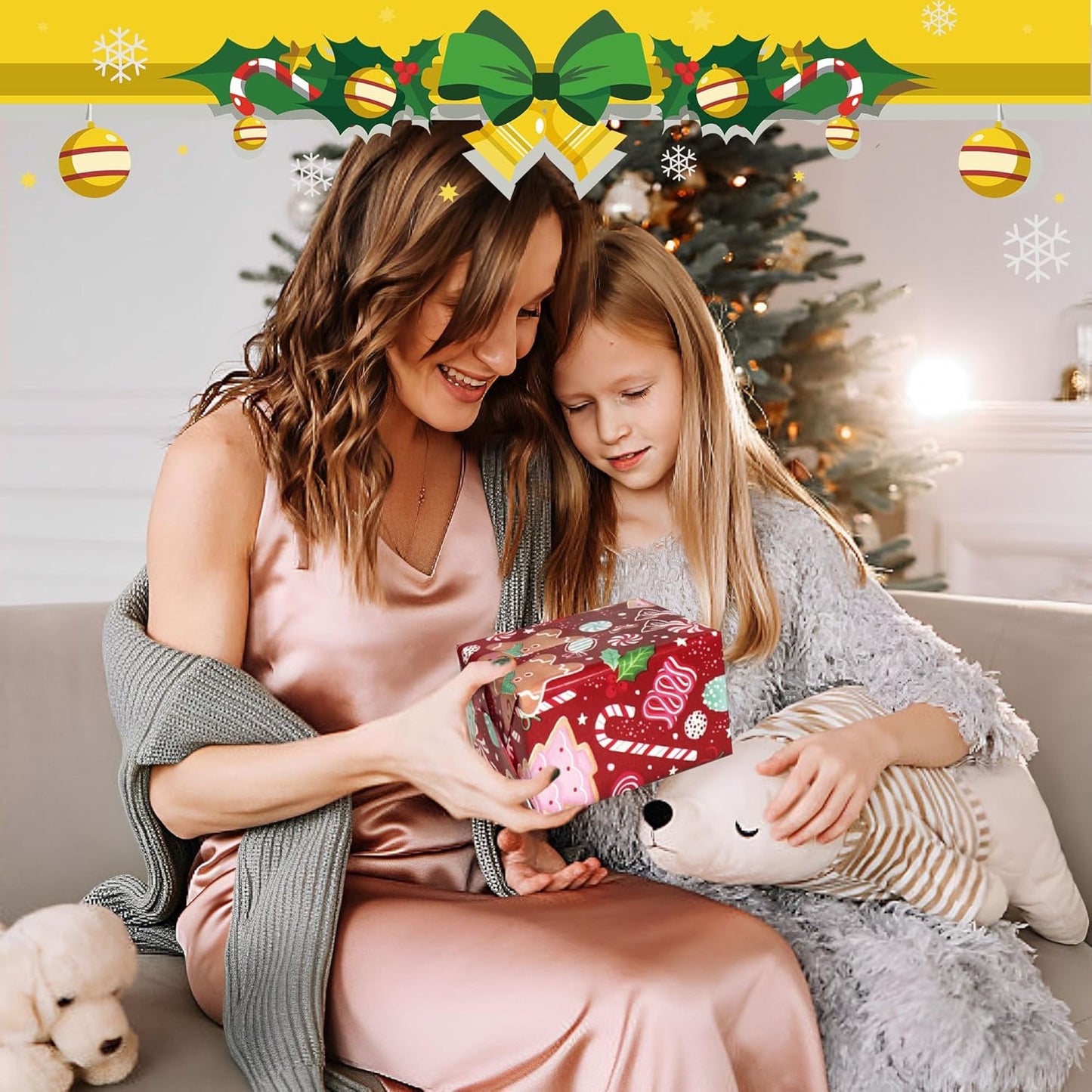 Cherubfunz Christmas Wrapping Paper (4 Rolls: 93 sq. ft. ttl) Santa Claus Carrying Gifts, Candy Cane, Reindeer, Christmas Tree/Bell, Dogs Pattern - 17 inches x 16.5 feet Per Roll