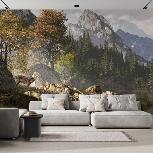 wall26 Wall Sticker/Wall Mural Wolf Near a Lake in a Rocky Mountain Landscape, Not Peel and Stick, Non-Woven Wallpaper Decorative for Bedroom, Living Room,Office - 132x144 inches