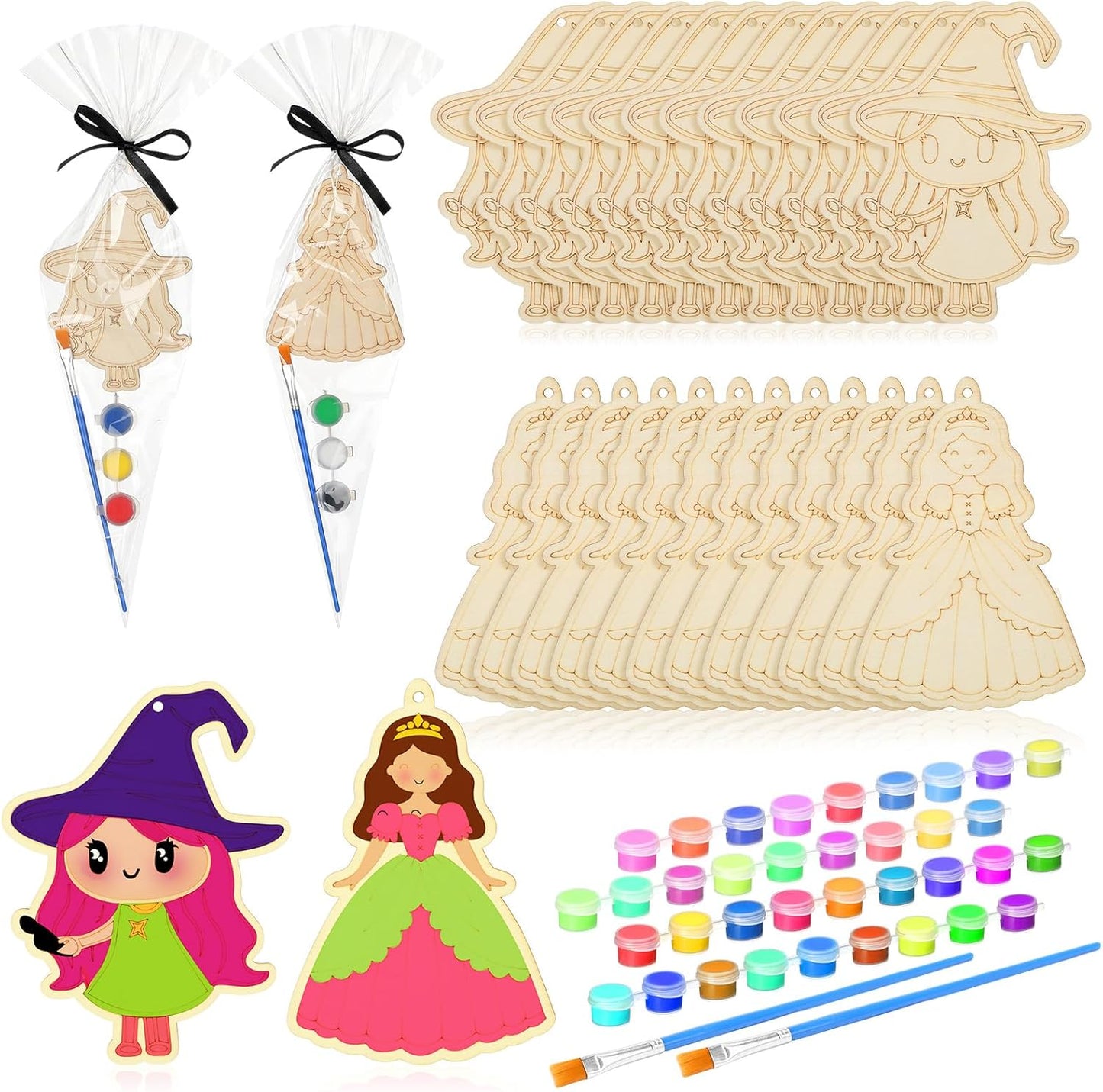 VioraWhite 24 Set Paint Your Own Witch Princess Party Favors Pink and Green Party Supplies Witch Hats Princess Crowns DIY Wood Painting Craft Kit Color Your Own Arts Crafts Kit for Birthday Gift