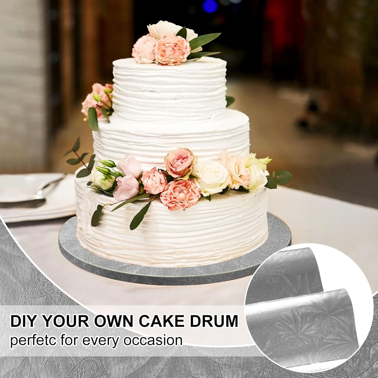 Jecery Embossed Floral Foil Paper Metallic Wrapping Paper Colored Foil Sheets for Crafts Scrapbook Florist Cake Board Cake Drums Christmas Party Gift Wrapping, 15.7 Inch 46 ft(Silver)