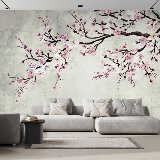 wall26 Wall Sticker/Wall Mural Watercolor Style Ink Painting Pink Cherry Blossom on Vintage, Not Peel and Stick, Non-Woven Wallpaper Decorative for Bedroom, Living Room, Office - 108x144 inches