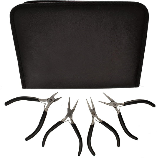 The Beadsmith Slim Line Pliers Set – Extra Fine Tips – 4.5 Inches, 4-Pieces: Round Nose, Chain Nose, Flat Nose & Semi-flush Side Cutter – Leatherette Carrying Case Included – Tools for Jewelry Making