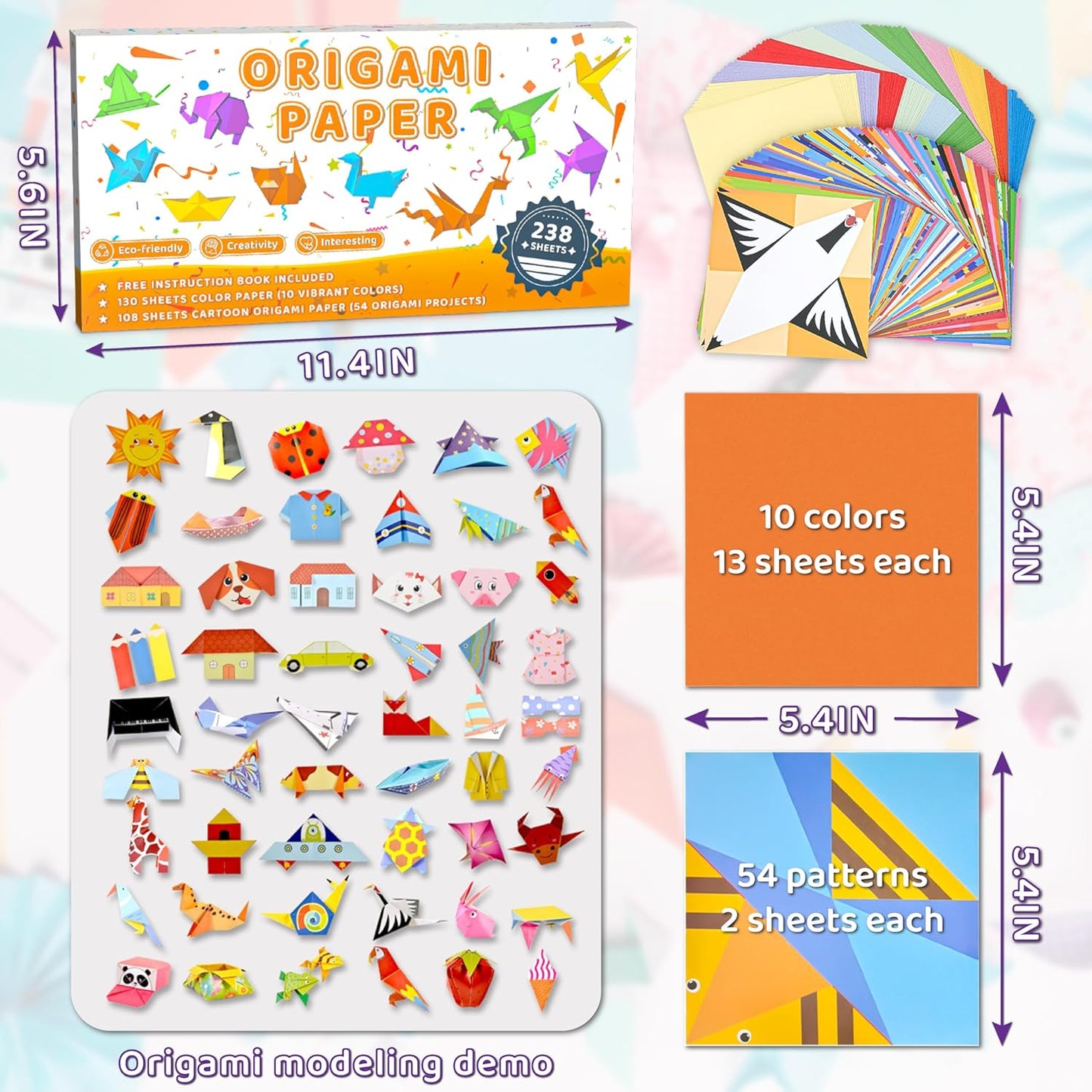 MOBYKE 238 Sheets Origami Paper, Oragami kit for Kids ages with 54 Patterns Projects, Double Sided Colored Blank Orgami Bulk Folding Book, Square Craft Patterned Papers Gift Set for Beginners Boy Girl