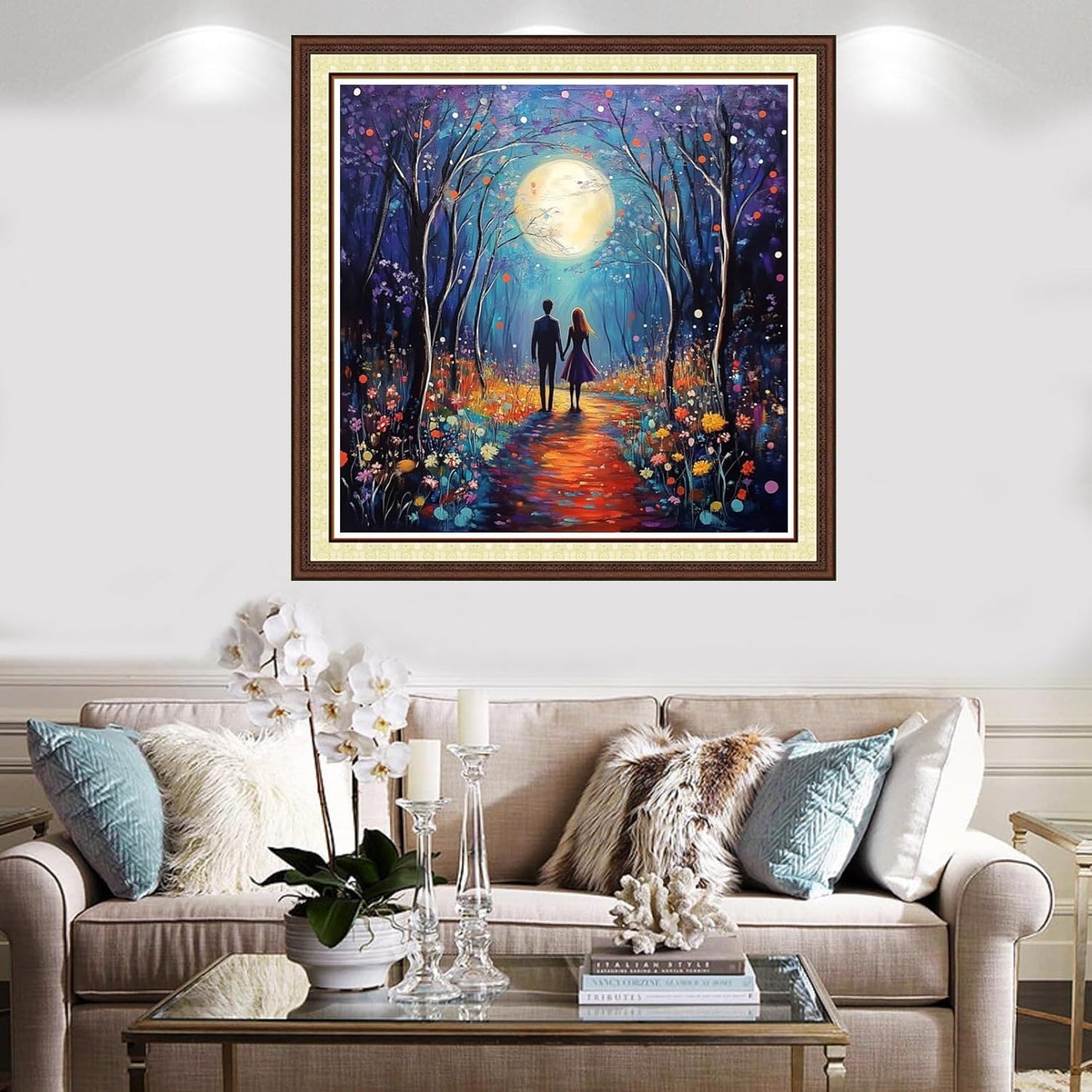 Findvoor Counted Cross Stitch Kits for Adults Full Range of Cross Stitching Embroidery Unprinted Pattern for Beginners, 11CT Needlepoint Kit Patterns Embroidery Kits-Couple Under Moonlight 18x18 inch