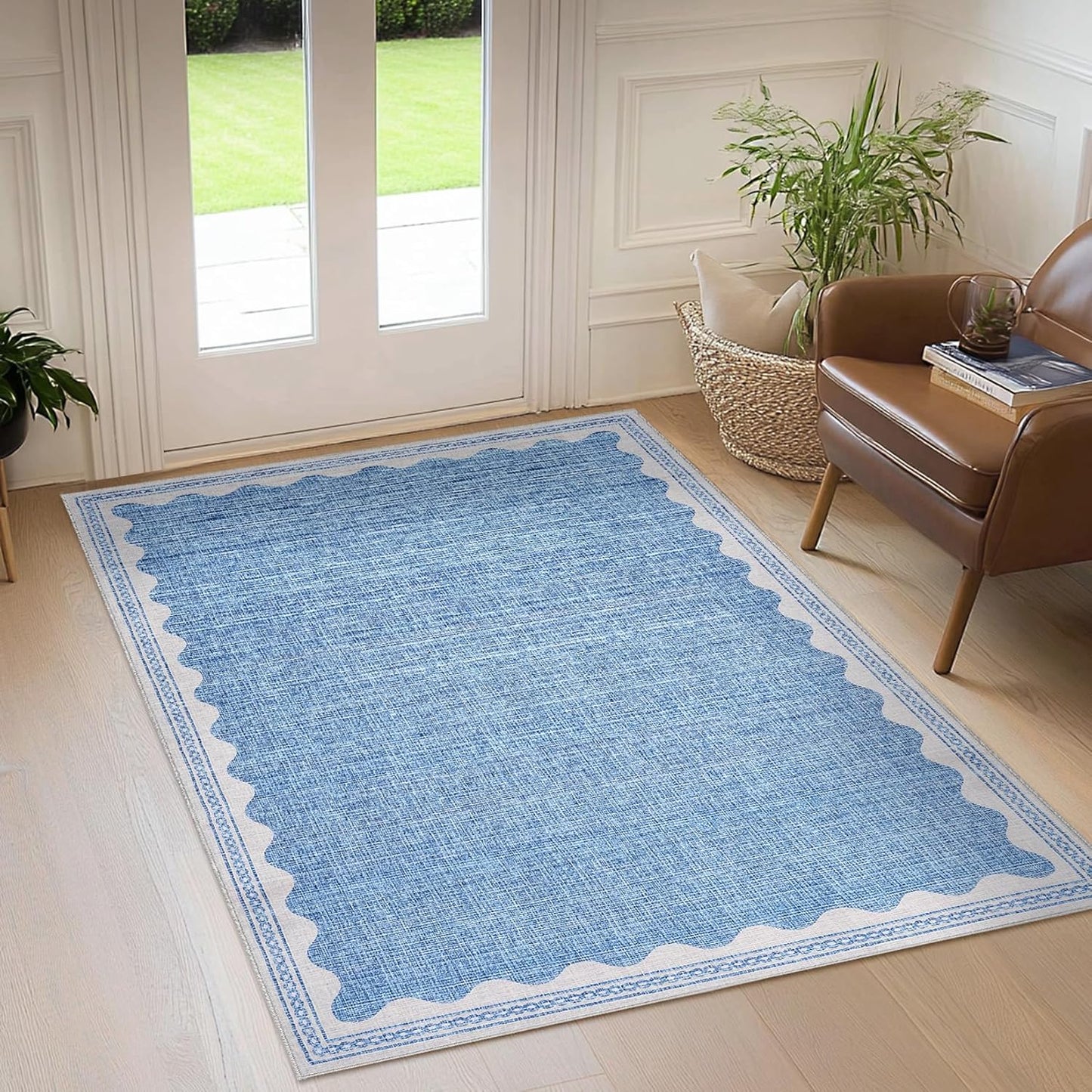 Scalloped Rug 4x6 Rugs for Entryway, Small Area Rugs Solid Blue Rug for Bedroom Girls, 4x6 Washable Rugs for Living Room, Non Slip Scalloped Bath Mat, Soft Dorm Nursery Carpet for Bedside