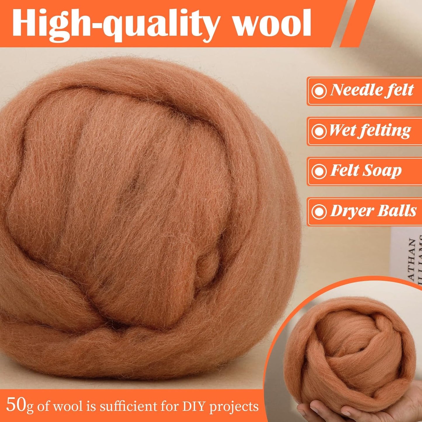 Mayboos Wool Roving Yarn, 1.76oz Colored Natural Wool Roving,Wool Felting Supplies Pure Wool Chunky Yarn for Wet Felting handcrafts and Spinning (Oak Brown)