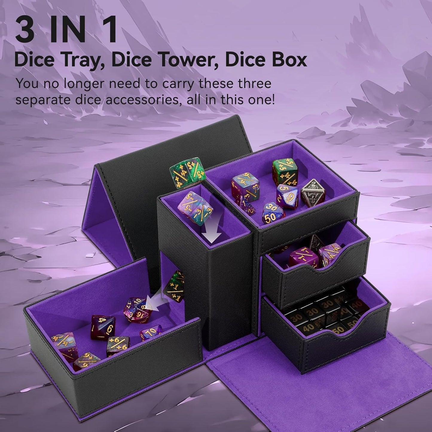 Leather Dice Tray & Tower Storage Box, 3 in 1 Dice Holder Case (Rolling Tray, Tower, Storage Drawers), Magnetic Closure DND Accessories Gifts for RPG MTG, Black/Violet