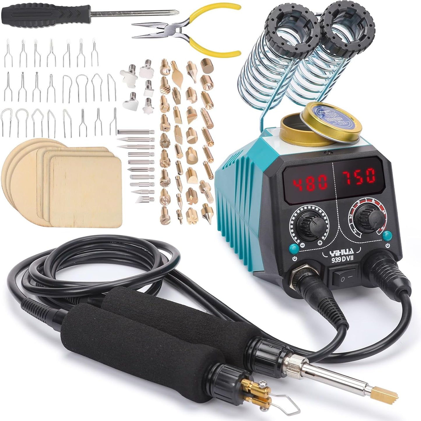 YIHUA 939D-VII Pyrography Tool Wood Burning Pen Kit Station 2-in-1 Solid-Point 200~480°C (with Temp Display)/Wire-Nib 250~750°C with 23 Nibs, 50 Solid Points, 6 Woodpieces